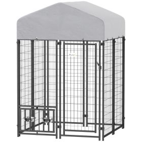 Welded Wire Outdoor Dog Kennel with 360° Rotating & 4 Levels Adjustable Bowls, Waterproof Cover, 3.9' x 3.9' x 6