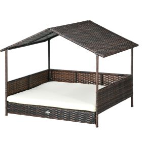 Rattan Outdoor Dog Bed with Canopy Soft Cushion Removable Cover Medium Large Dogs Cream White