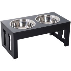 23" Modern Decorative Dog Bone Wooden Heavy Duty Elevated Dog Bowl Feeding Station - Black