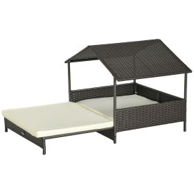 Extendable Wicker Outdoor Dog Bed with Waterproof Roof Soft Cushion Small Medium Dogs Cream White