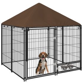 Outside Dog Kennel, 4.6' x 4.6' x 5' Puppy Play Pen with Canopy, Garden Playpen Fence Crate Enclosure Cage with Rotating Bowl, Black