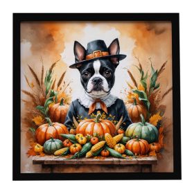 Boston Terrier Thanksgiving Framed Metal Print Bathroom, Kitchen, Office, Home Decor Wall Art Ready to Hang, Square, 8X8