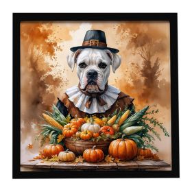 White Boxer Thanksgiving Framed Metal Print Bathroom, Kitchen, Office, Home Decor Wall Art Ready to Hang, Square, 8X8