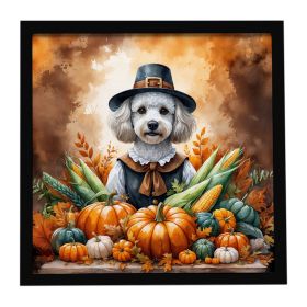 White Poodle Thanksgiving Framed Metal Print Bathroom, Kitchen, Office, Home Decor Wall Art Ready to Hang, Square, 8X8
