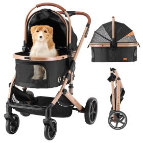 EchoSmile 4 in 1 Pet Stroller, Folding Lightweight Cat & Dog Stroller with Detachable Carrier, NO-Zip 180° Reversible Canopy, All Terrain 4-Wheel
