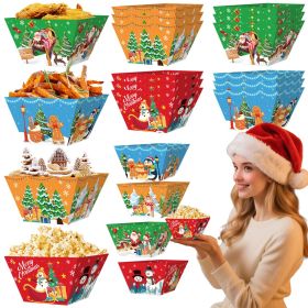 12 Pcs Christmas Paper Food Tray Tree Santa Gingerbread Elk Pattern Snack Bowl Xmas Party Disposable Paper Serving Tray Cute Popcorn Hot Dog Cand