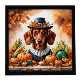 Red Brown Dachshund Thanksgiving Framed Metal Print Bathroom, Kitchen, Office, Home Decor Wall Art Ready to Hang, Square, 8X8