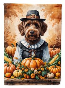 Chocolate Labradoodle Thanksgiving House Flag Large Porch Sleeve Pole Decorative Outside Yard Banner Artwork Wall Hanging, Polyester, House Size