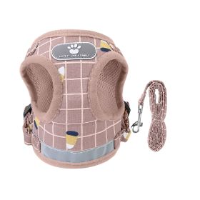 Pet Mesh Harness Dog Leash Set Reflective Chest Strap Adjustable Puppy Vest For Puppies Breeds Dogs Cats Walking Outdoor (Option: LeashPinkCheckeredXL)