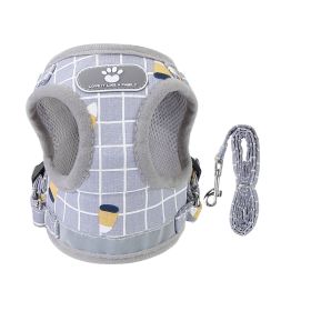 Pet Mesh Harness Dog Leash Set Reflective Chest Strap Adjustable Puppy Vest For Puppies Breeds Dogs Cats Walking Outdoor (Option: LeashGreyCheckeredM)