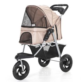 Three Wheel Folding Pet Stroller, Dog Jogger, Travel Carrier Adjustable Canopy Storage Brake Mesh Window (Color: Beige)