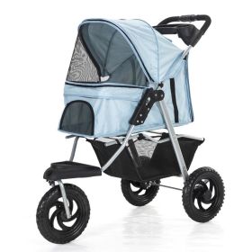 Three Wheel Folding Pet Stroller, Dog Jogger, Travel Carrier Adjustable Canopy Storage Brake Mesh Window (Color: light blue)