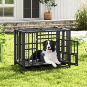 Foldable Heavy-Duty Metal Dog Cage Chew-proof Dog Crate with Lockable Universal Wheels (Color: Black)